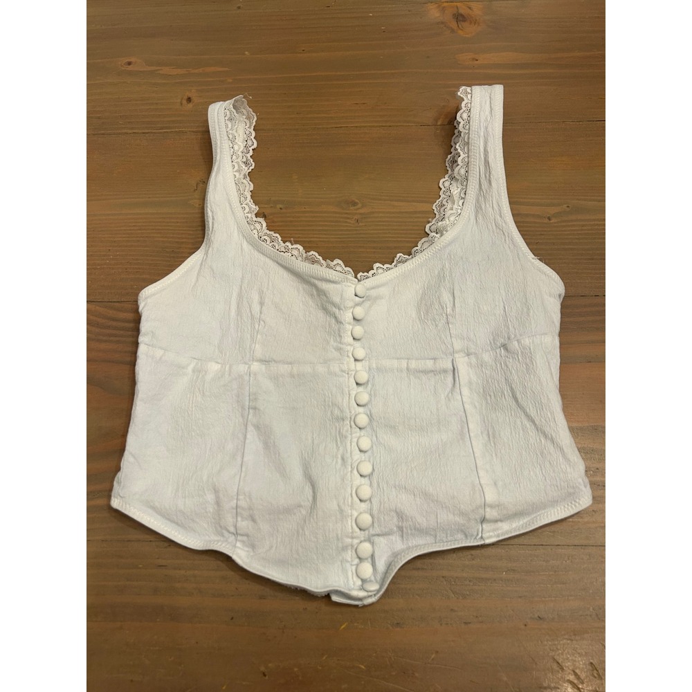 E19 White Fox Boutique Light Blue Lace Trim Button Front‎ Corset Crop Top Small